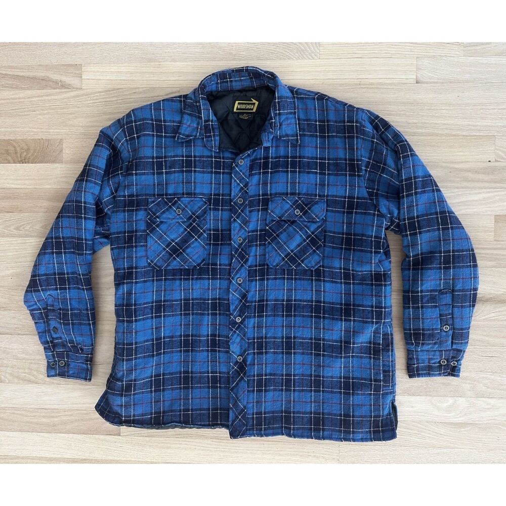 Vintage Woodsman Blue Plaid Quilted Flannel Shirt Jacket size Men's XL Outerwear